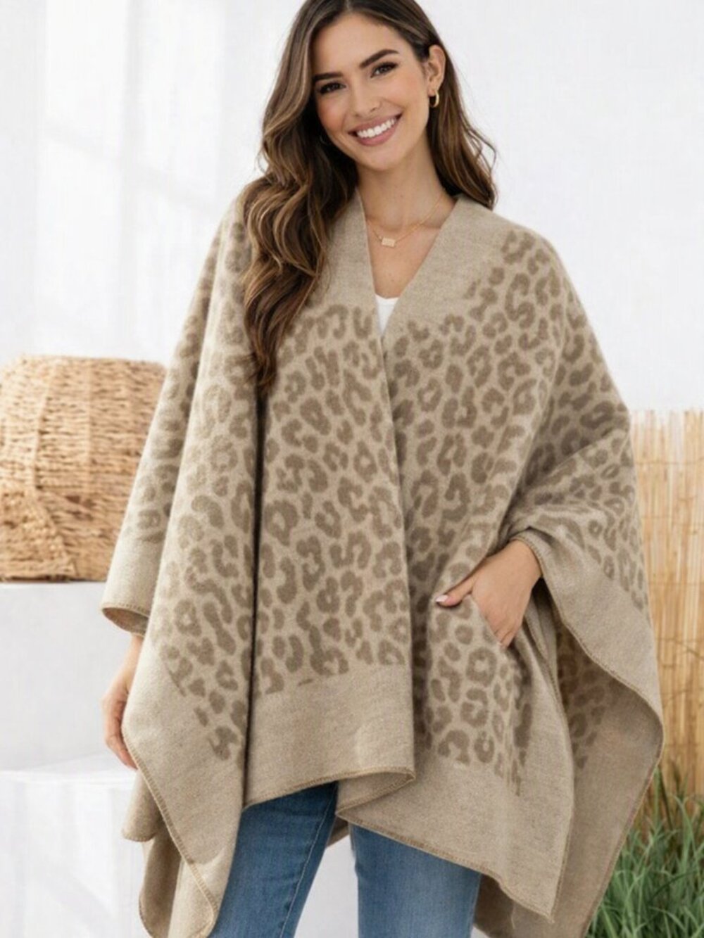 Chic Leopard Knit Wrap Shawl – Neutral Beige Animal Print Poncho Cape